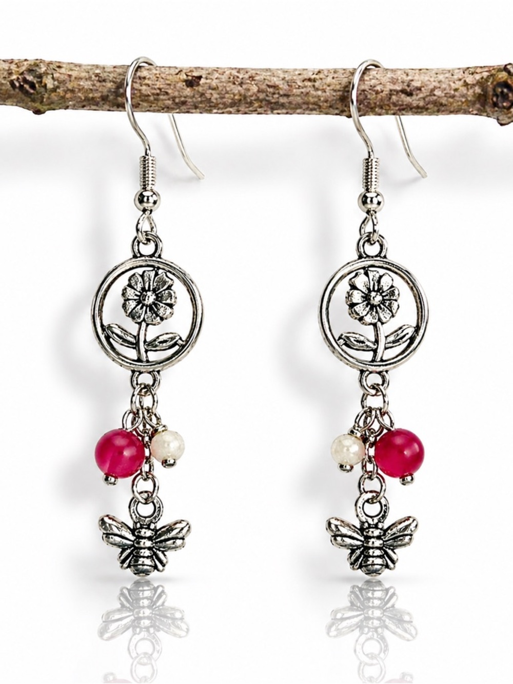 Bee & Flower Dangle Earrings, Silver Boho, Red Bead Drop